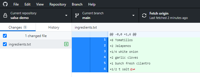 Github desktop shows the name of the new 'ingredients.txt' file on the left side, and the contents of the file on the right side.